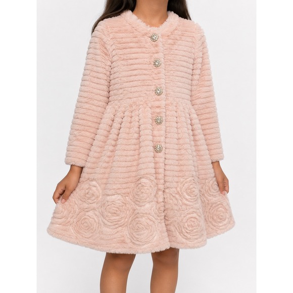 Blueberi Boulevard Other - Blueberi Boulevard Girls Pink Faux Fur Rosette Button Front Dress Coat BBHGH64